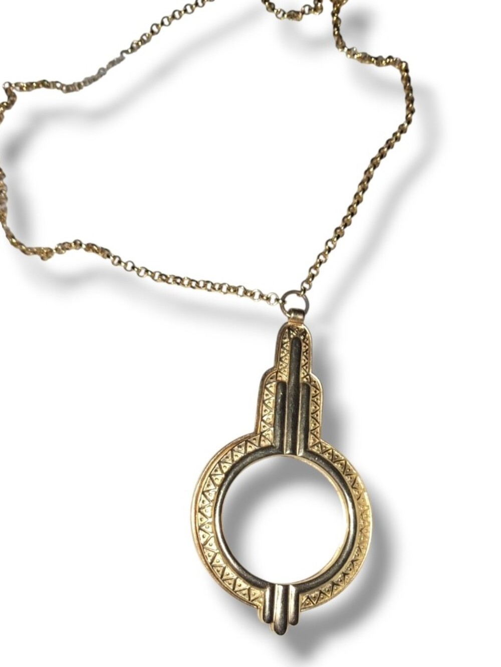 Art Deco Revival Magnifying Glass GoldTone Geometric Pendant Necklace